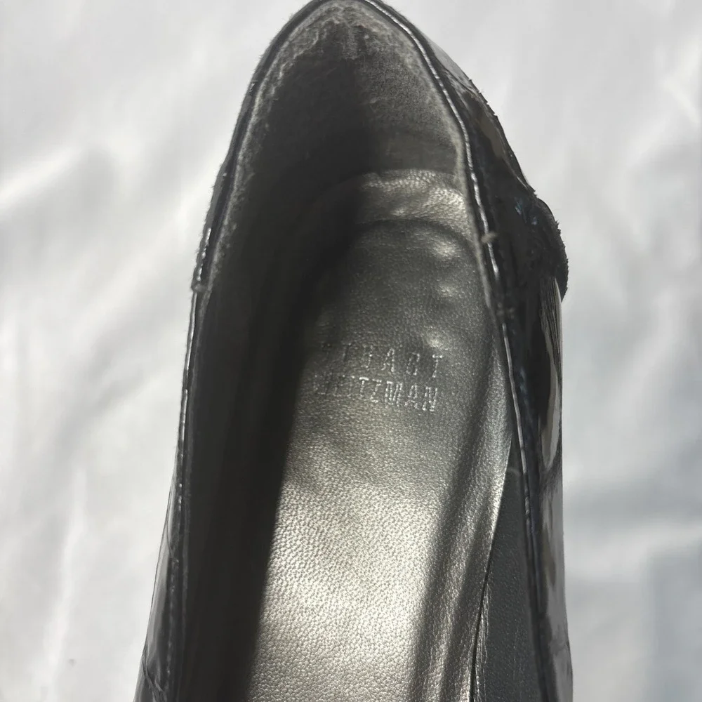 Stuart Weitzman Womens 8.5M Black Alligator Patent Leather Loafers Silver Buckle